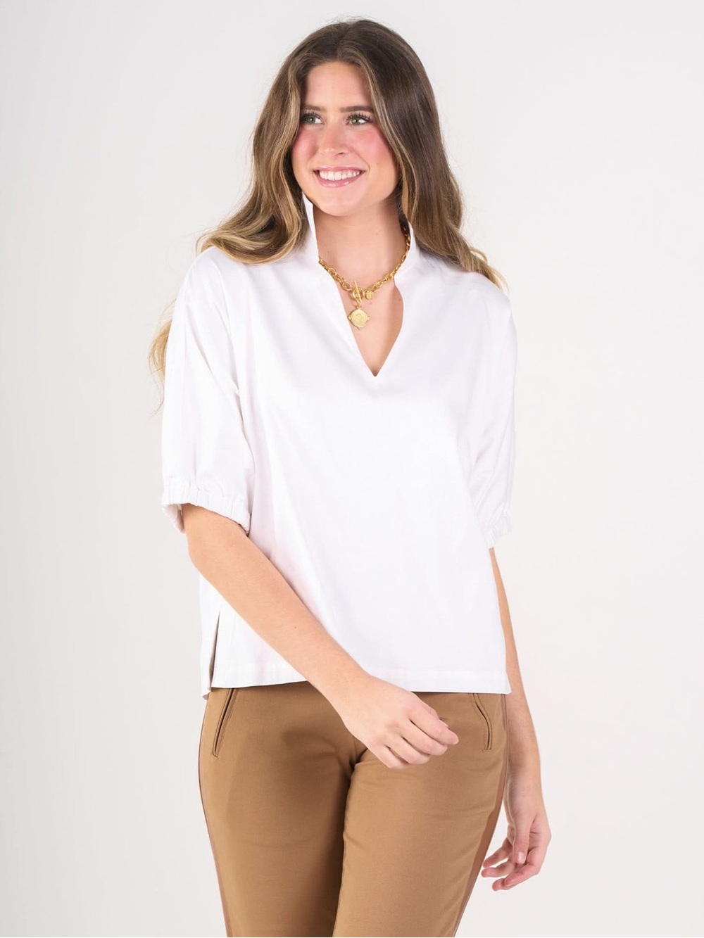 Emily Mccarthy White Split-Neck Short Sleeve Tunic Top Size XS Cotton